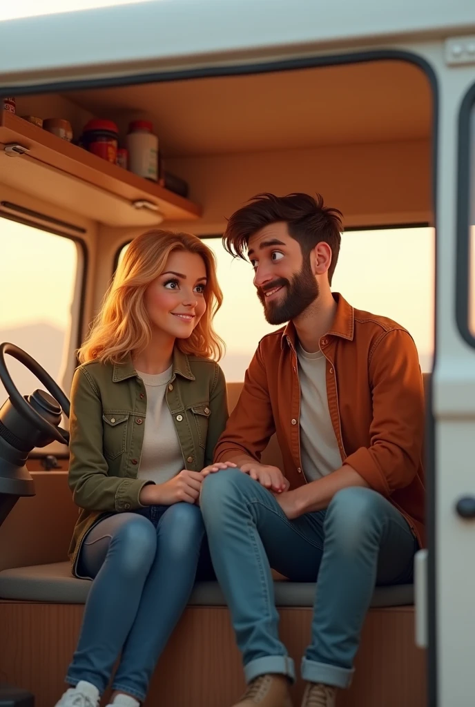 A married couple inside a white van, he with a little beard, pixar
