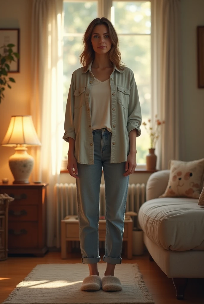 An American woman wearing slippers is standing in the living room, facing the camera