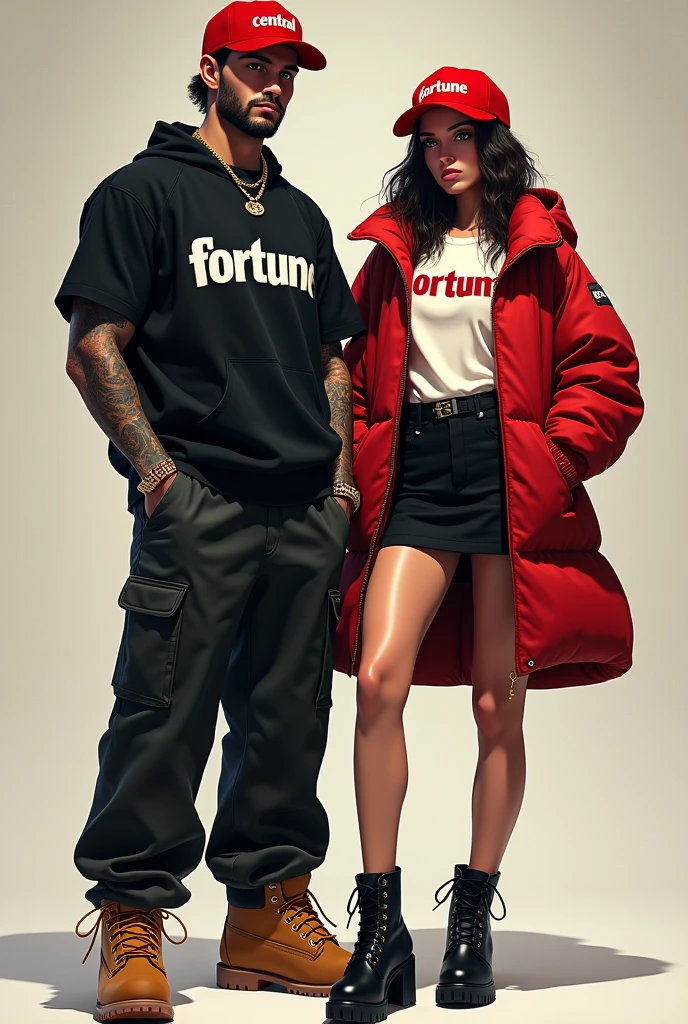 In a realistic, full-body image, capture a 20-year-old guy and a 20-year-old girl posed from head to toe in a setting that resembles a magazine cover.
The guy, embodying a rapper style, is defined and muscular with a challenging, "bad" attitude expression. He sports a red cap with the word 'CENTRAL' written in large, bold, and bright letters on the front, ensuring that it stands out prominently. His black polo features the word 'FORTUNE' in prominent white letters across the chest, making it a focal point of his outfit. He wears baggy pants paired with Timberland boots. Enhance his rapper look with eye-catching jewelry and an elegant watch. His arms display realistic and detailed tattoos. The lighting should highlight the words 'CENTRAL' and 'FORTUNE', making them clearly visible.
The girl, standing beside the guy, exudes a very feminine style. She wears a red cap with the same word 'CENTRAL' in large, bold, and bright letters on the front, matching the guy's. Her red parka is fitted to accentuate her figure, and she wears a white polo with the word 'FORTUNE' in prominent black letters across the chest, ensuring the text stands out. Her outfit is completed with a black miniskirt and Timberland boots with a slight heel. Her expression is elegant and confident.
The background should resemble a magazine cover, with a design and headlines that enhance this appearance. Ensure that the setting and lighting complement both characters, highlighting the words 'CENTRAL' on the caps and 'FORTUNE' on the polos without distracting from the outfits, tattoos, and accessories.