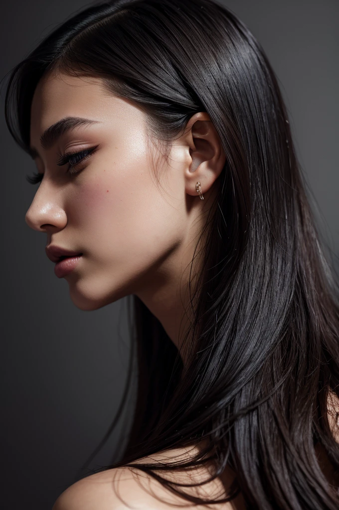 Masterpiece, Best Quality, 1girls, profile, nape of neck, gray lips, slightly upturned nose, long eyelashes, realistic skin texture, attractive face, cool face, blurred, black blood dripping background
