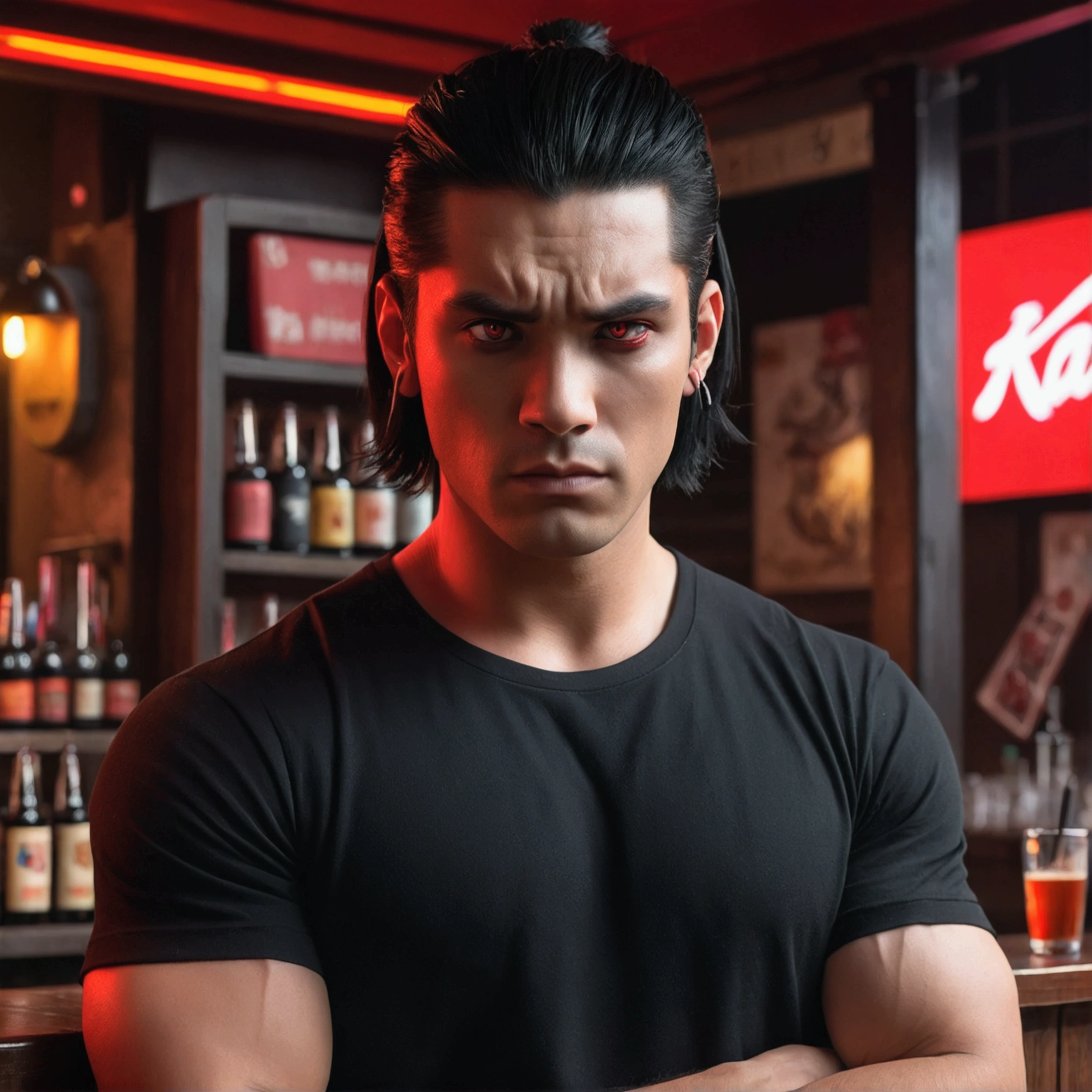 A disappointed male character with red eyes, black hair combed into two parts, a black t-shirt with red details, and a katana is listening to music using airpods in front of the bar