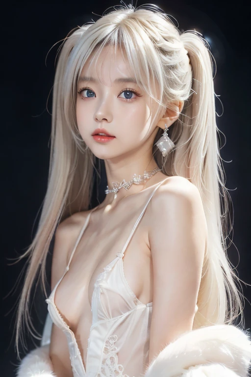 masterpiece, 1 beautiful girl, Delicate eyes, Purebred face_v1, Top quality, Ultra high resolution, (Reality: 1.4), Japanese, Korean, very beautiful, Beautiful skin, slim, (超Reality), (high resolution), (8K), (Very detailed), Delicate face, Bright Lights, Professional lighting, Looking at the audience, Face straight ahead, White backless see-through dress,big nipples, Platinum Hair, Long hair,hair tied back, bun hairstyle, Bangs,hair accessories,