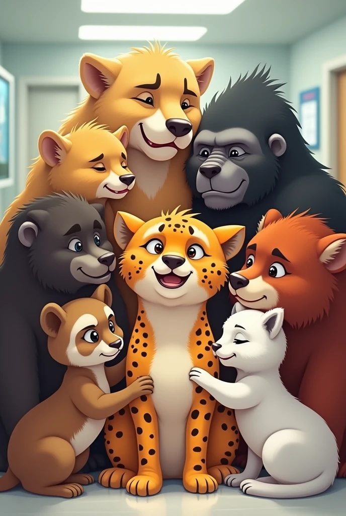 A cheetah, being hugged by a werewolf, A gorilla, A lioness, A white lion, a meerkat, a lazy one, a red panda, A bear, in a hospital