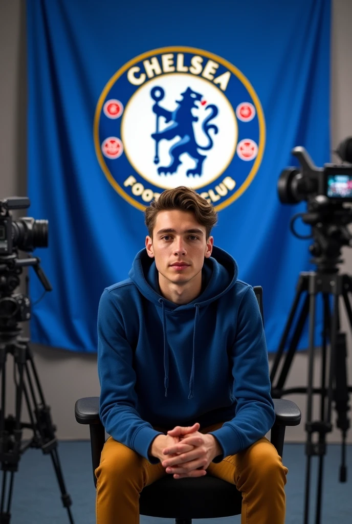 A young man, sitting on a chair looking straight into camera with cinematic YouTube studio with Chelsea football flag