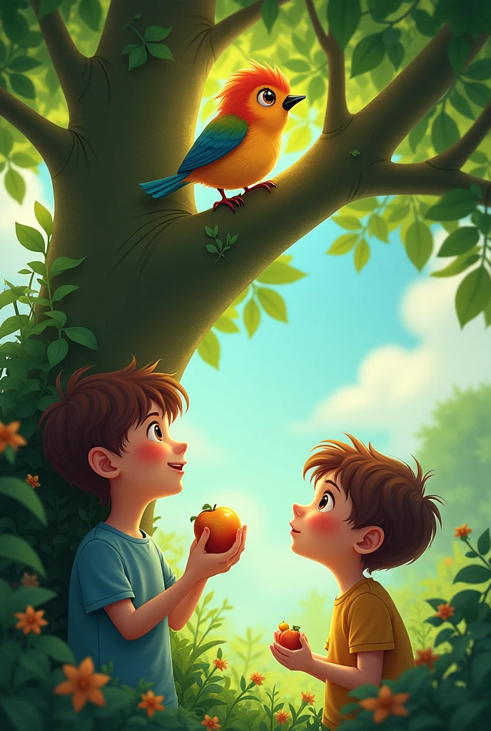 A small, colorful bird is perched on a branch of a lush green tree. The bird has vibrant feathers and is looking down at Anna and Tamma with curiosity. The boys are gazing up at the bird, with Tamma smiling and holding a piece of fruit in his hand.