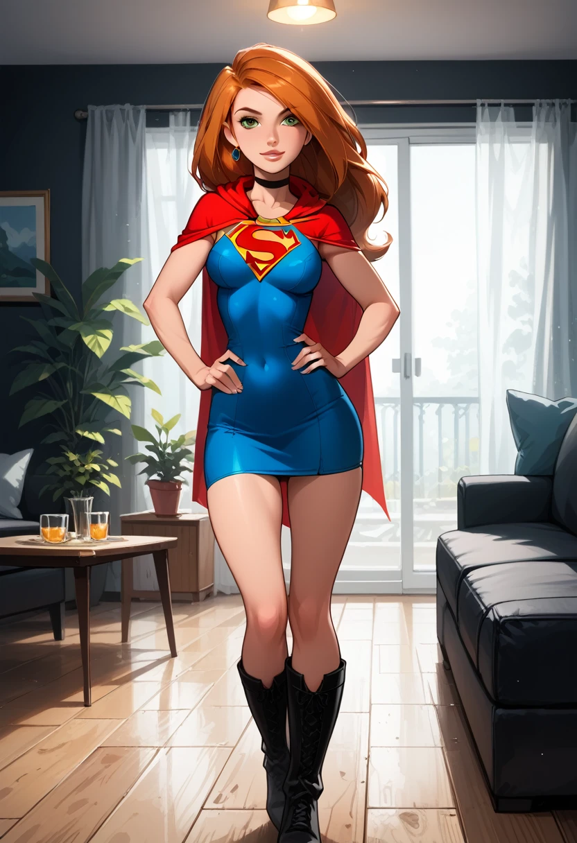 score_9, score_8_up, score_7_up, score_6_up, rating_safe, source_cartoon, BREAK (beautiful Kim Possible, orange-red hair:1.4), sexy smirk, BREAK wearing (Supergirl suit, short skirt, short cape, boots:1.2), choker, BREAK standing in the living room, hands on hips, shallow depth of field, BREAK bokeh, moody, epic, gorgeous, grainy, BREAK (ultra-detailed), (best illustration), (absurdres), (detailed background), cowboy shot.