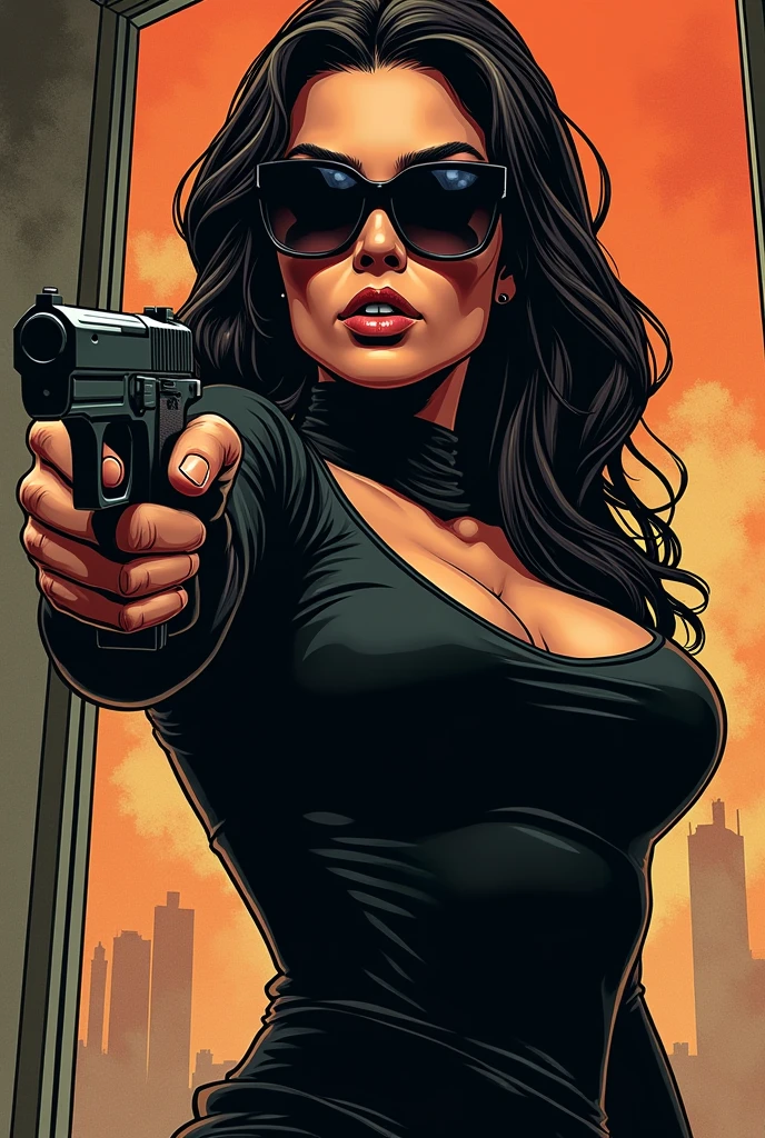 Woman holding gun in one hand in the other comic strip wearing black sunglasses
