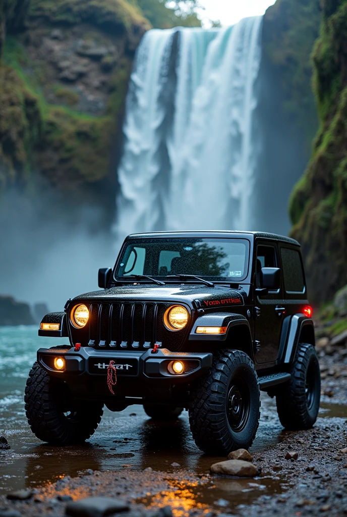 Black Thar standing near water fall and parking light is on