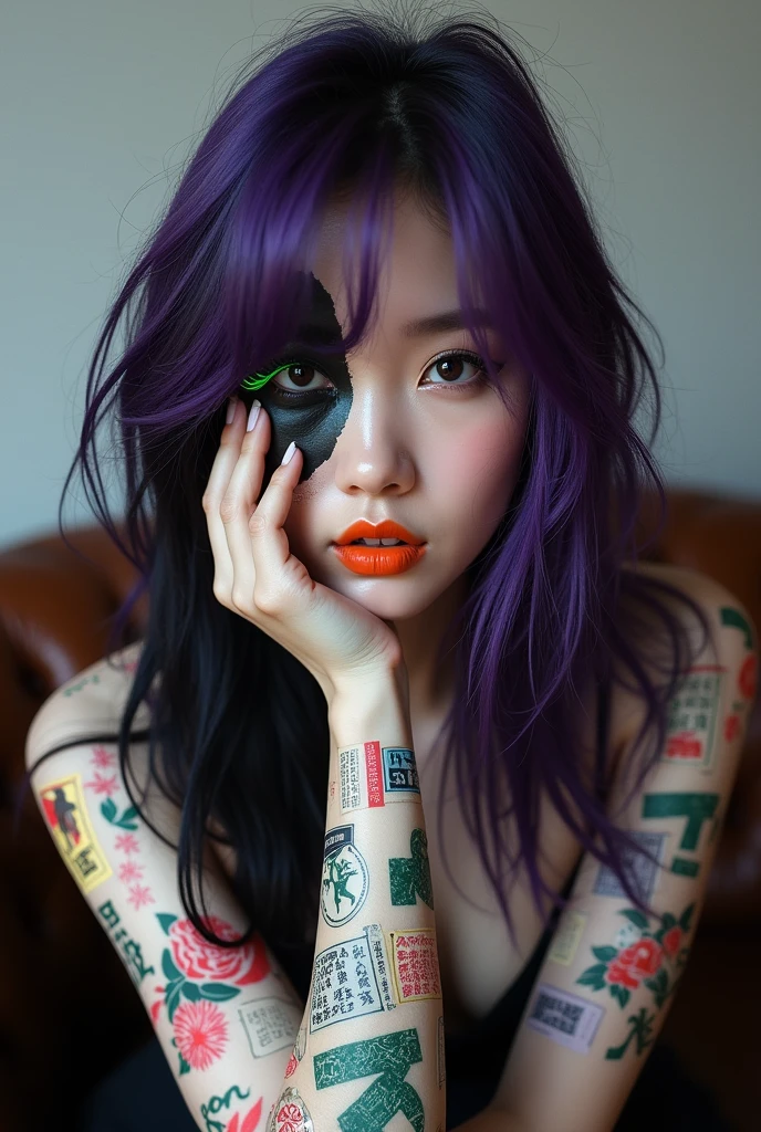 A conceptual portrait of a Korean woman with a black and white face, only the left side of her cheek is touched by her hand. The rest of her body is covered with a collage of colorful ideogramas clippings. She is sitting on a leather Italian sofa. The background is monochrome. Her expressive eyes, accentuated by long neon green eyelashes and dark makeup, lock onto the viewer. Her orange lipstick adds a bold pop of color. Her flowing purple hair frames her face in a messy, yet captivating mann