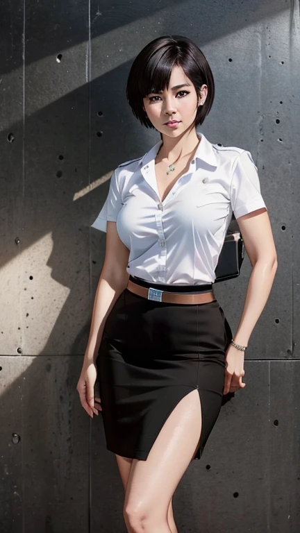 Pretty thai woman short hair  , (8k, best quality, masterpiece, ultra highres:1.2) Photo of Pretty thai woman beautiful, beautiful enchanting fashion contemporary painting with , (1girl), (white shirt short sleeves), ((black pencil skirt)), belt , realistic skin texture , round chin, 85 mm art lens, f 1. 2, sharp focus, 8 k high definition, insanely detailed, intricate, elegant , big breasts , black skirt 