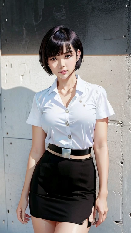 Pretty thai woman short hair  , (8k, best quality, masterpiece, ultra highres:1.2) Photo of Pretty thai woman beautiful, beautiful enchanting fashion contemporary painting with , (1girl), (white shirt short sleeves), ((black pencil skirt)), belt , realistic skin texture , round chin, 85 mm art lens, f 1. 2, sharp focus, 8 k high definition, insanely detailed, intricate, elegant , big breasts , black skirt 