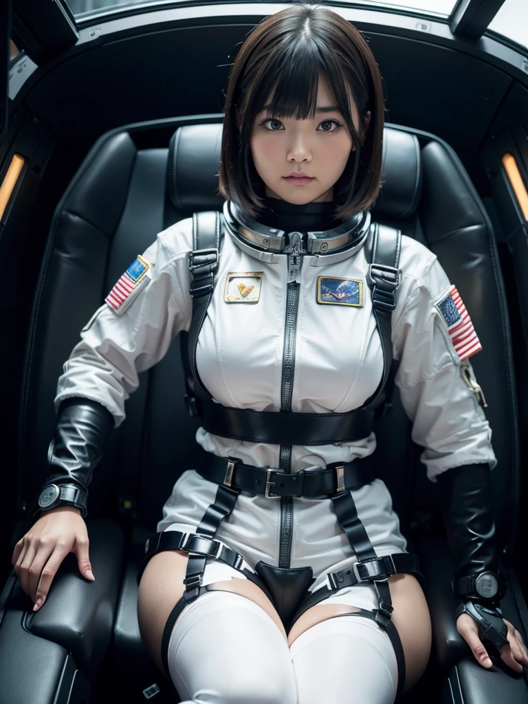 masterpiece, Highest quality, Very detailed, Japanese Android girl, Beautiful Japanese Women, Plump,Super big breasts,Control panel,Android,cyborg,Blunt bangs,sitting in the cockpit of a spaceship,astronaut,He is attached to the back of a chair by a thick black harness.,His arms and legs are strapped to the chair with thick black leather straps.,