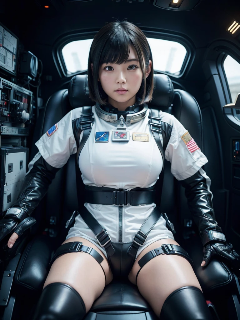 masterpiece, Highest quality, Very detailed, Japanese Android girl, Beautiful Japanese Women, Plump,Super big breasts,Control panel,Android,cyborg,Blunt bangs,sitting in the cockpit of a spaceship,astronaut,He is attached to the back of a chair by a thick black harness.,His arms and legs are strapped to the chair with thick black leather straps.,