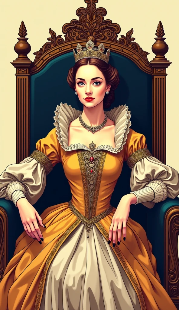 The young and beautiful Elizabeth I, Formal wear, crown, Sitting on the throne, Cel Shading, Bold outline, Flat Color, Sharp Shadow, Graphic Style, (Manga influence:1.3), Beautiful line drawing, Impressive visuals,comics