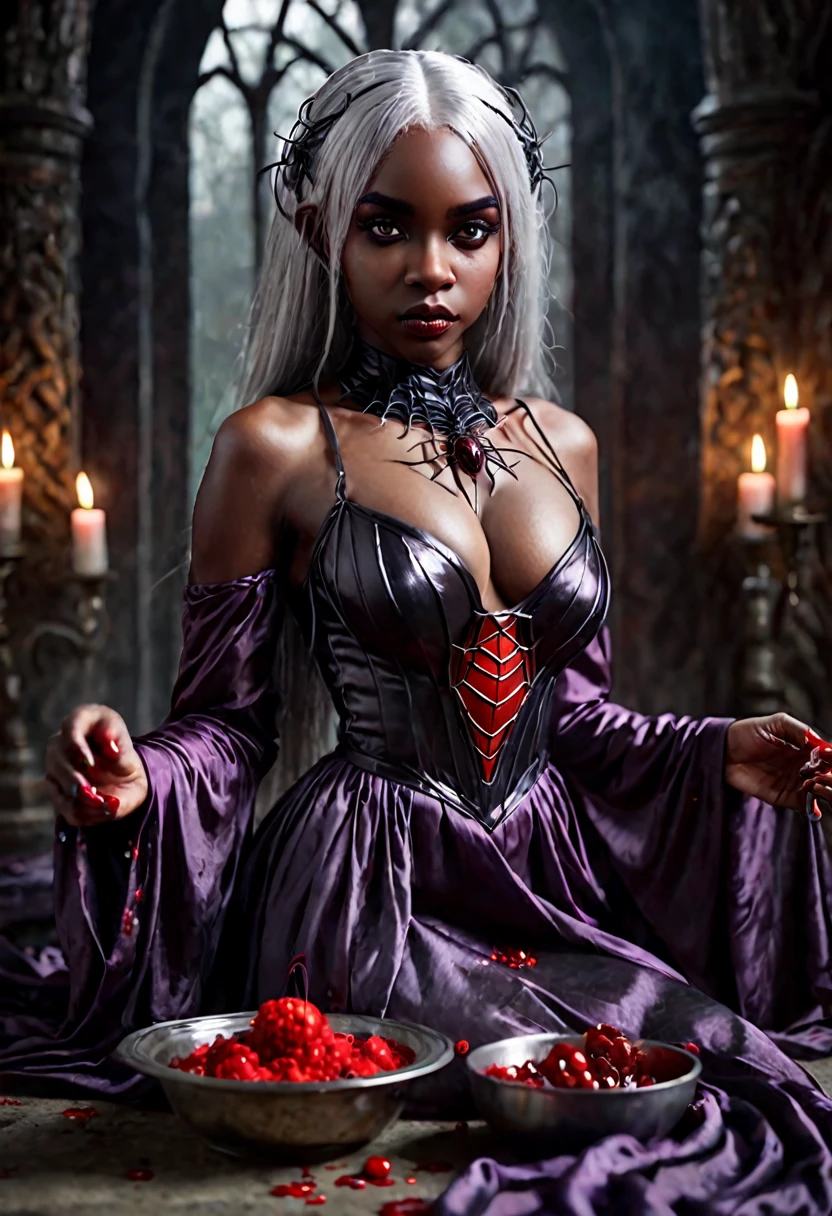 a cute dark elf woman with pitch black skin, violet eyes, silver hair, wearing a spider silk woven gown, holding bloody hands, moving towards a spider altar carrying a bowl of bloody hearts, (best quality,4k,8k,highres,masterpiece:1.2),ultra-detailed,(realistic,photorealistic,photo-realistic:1.37),intricate details, dark fantasy, dramatic lighting, moody atmosphere, gothic, cinematic, dramatic pose