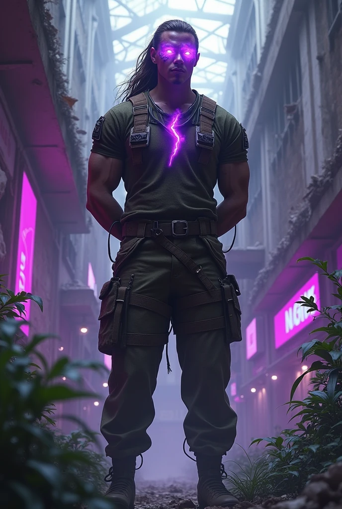 A muscular white man, standing straight, arms behind his back, long brown hair pulled in a ponytail, in a post-apocalyptic mall covered in overgrowth, wearing military fatigues, purple eyes, purple glowing lighting bolt shaped scars on his face only, glowing irises, wearing a military shirt