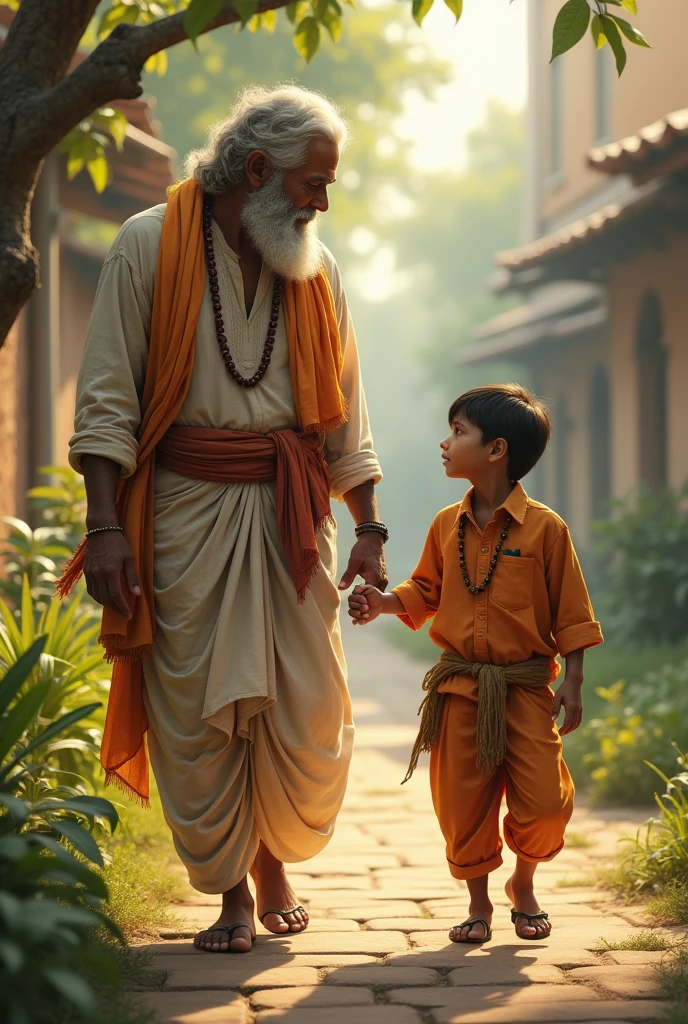 A indian man walking with her son and talking about this world