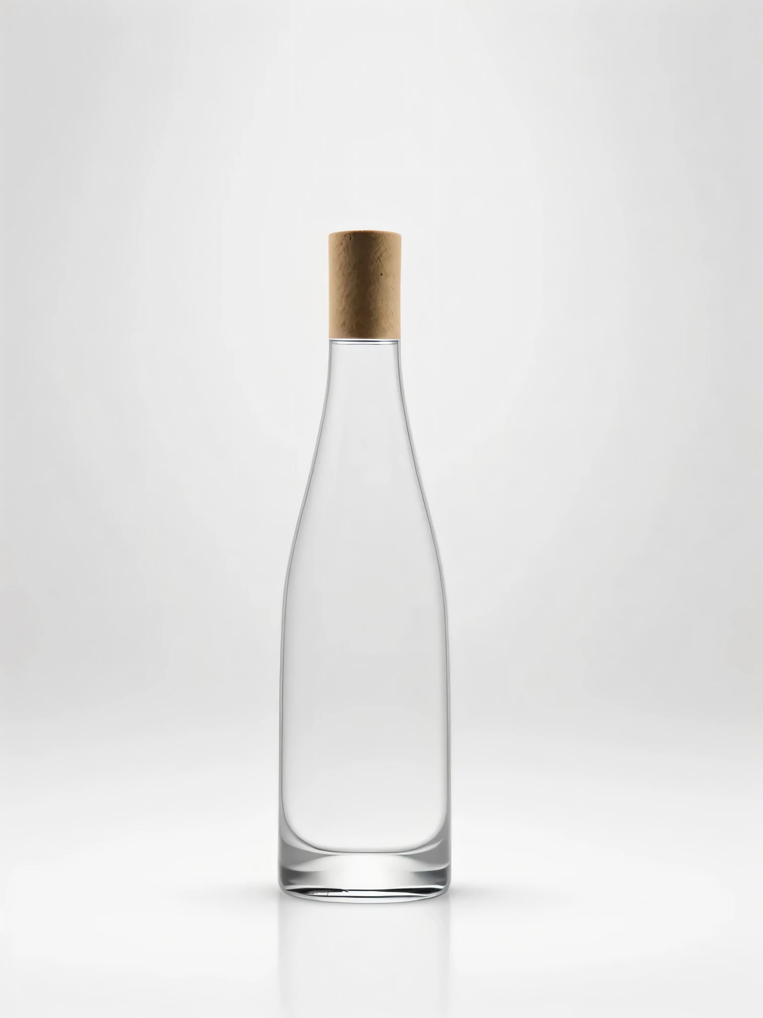 A clear glass liquor bottle，Pure white background，Product photography，Lots of details，Commercial Photography，Advanced Lighting Effects