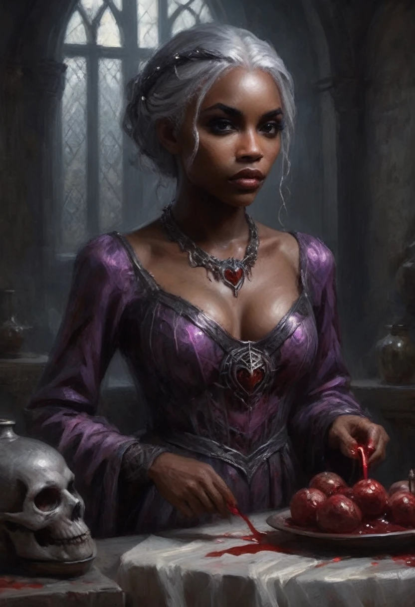 a cute dark elf woman with pitch black skin, violet eyes, silver hair, wearing a spider silk woven gown, holding bloody hands, moving towards a spider altar carrying a bowl of bloody hearts, (best quality,4k,8k,highres,masterpiece:1.2),ultra-detailed,(realistic,photorealistic,photo-realistic:1.37),intricate details, dark fantasy, dramatic lighting, moody atmosphere, gothic, cinematic, dramatic pose
