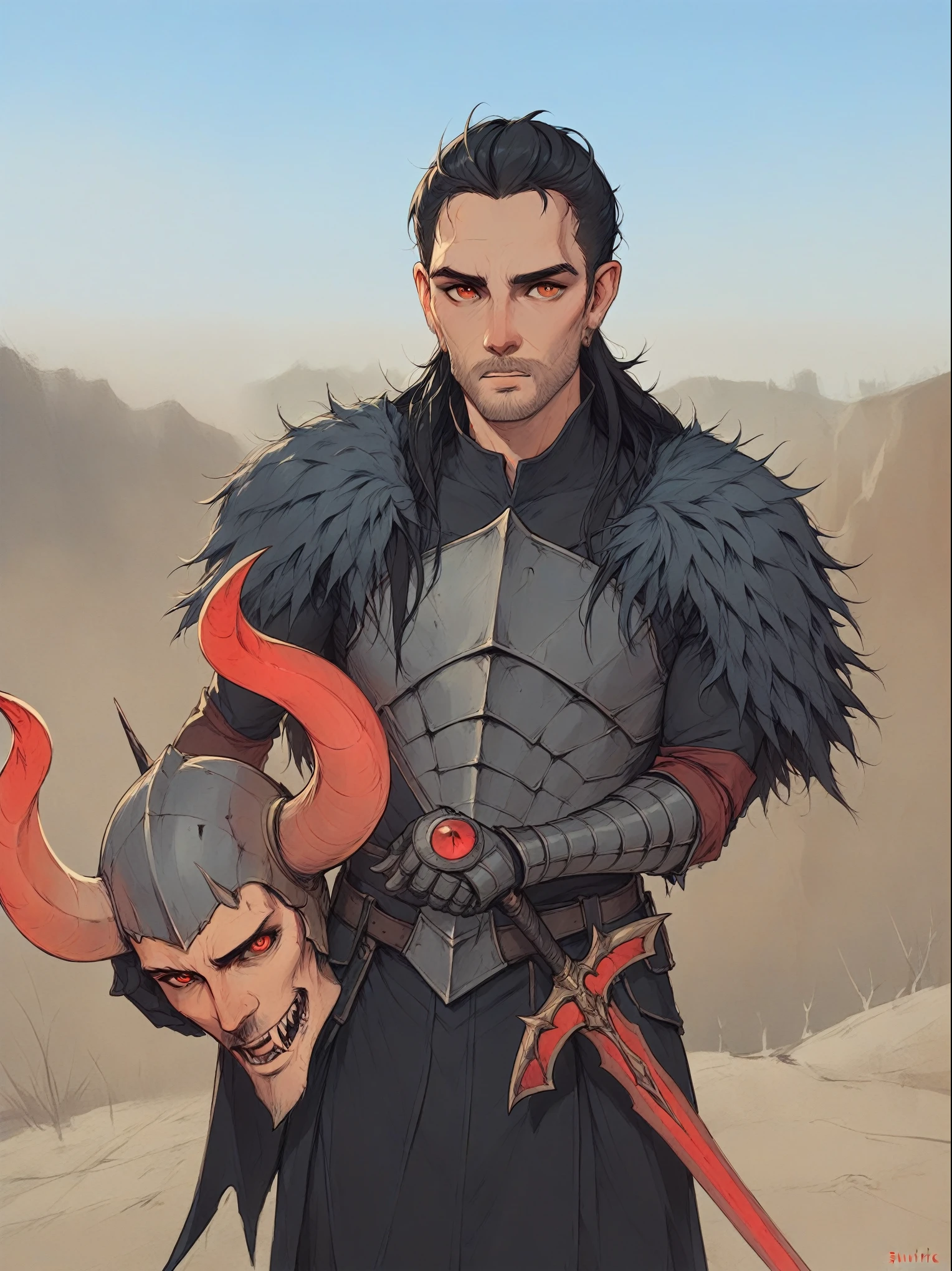 there is a man dressed in a costume holding a sword and a helmet, demonic  inspired armor, wearing daedric armour, as a medieval fantasy character, african kinith, demonic looking armor, wearing techwear and armor, male vampire of clan banu haqim, wearing monster hunter armor,long Black hair 