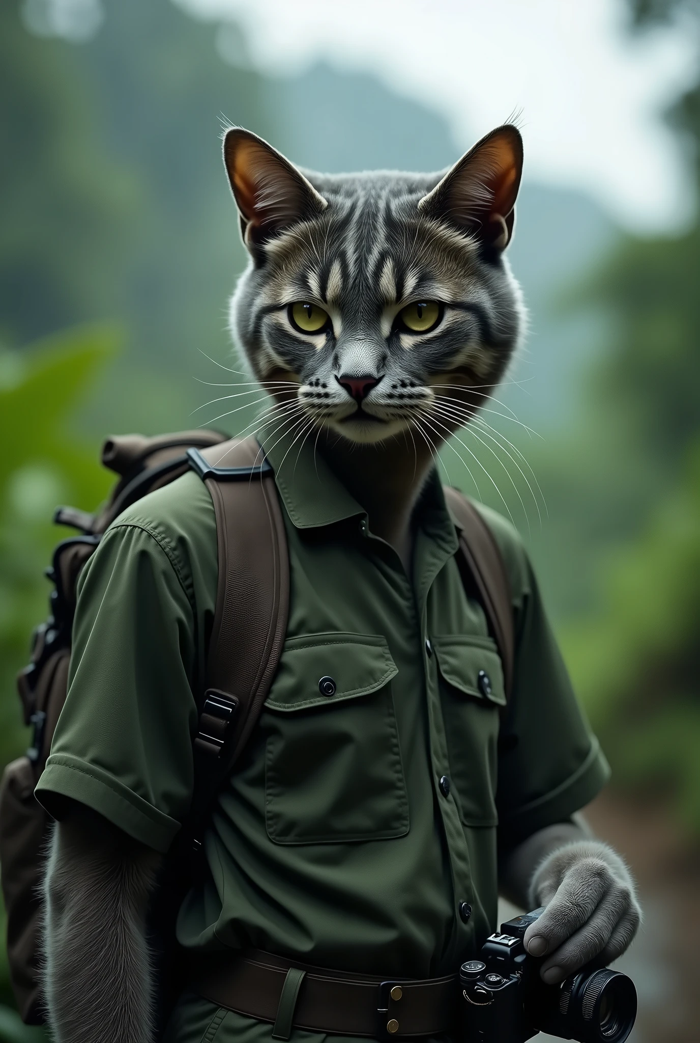 Documentary-style realistic photographs of a gray tabby cat. The body is a man. Has a third eye in the middle of his forehead and wears military-style clothes. Dark green shirt, carrying a backpack, camera in hand. The background is a rainforest. While it is raining, the atmosphere is cloudy.