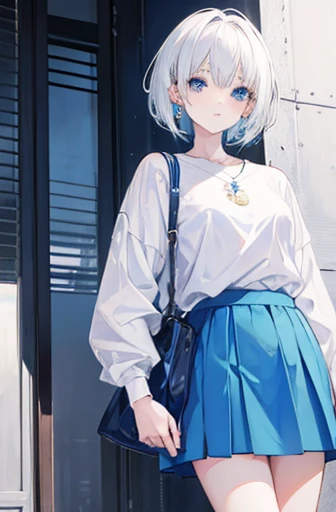 Anime, girl, teenage, short hair, white hair, plae blue eyes, cool, earrings, wearing a white top and blue skirt, holding a cigarette, cute
