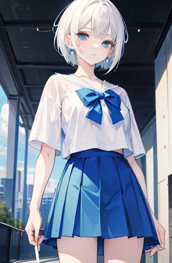 Anime, girl, teenage, short hair, white hair, plae blue eyes, cool, earrings, wearing a white top and blue skirt, holding a cigarette, cute 