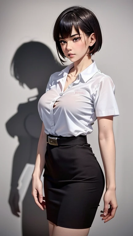 Pretty thai woman short hair  , (8k, best quality, masterpiece, ultra highres:1.2) Photo of Pretty thai woman beautiful, beautiful enchanting fashion contemporary painting with , (1girl), (white shirt short sleeves), ((black pencil skirt)), belt , realistic skin texture , round chin, 85 mm art lens, f 1. 2, sharp focus, 8 k high definition, insanely detailed, intricate, elegant , big breasts , black skirt 