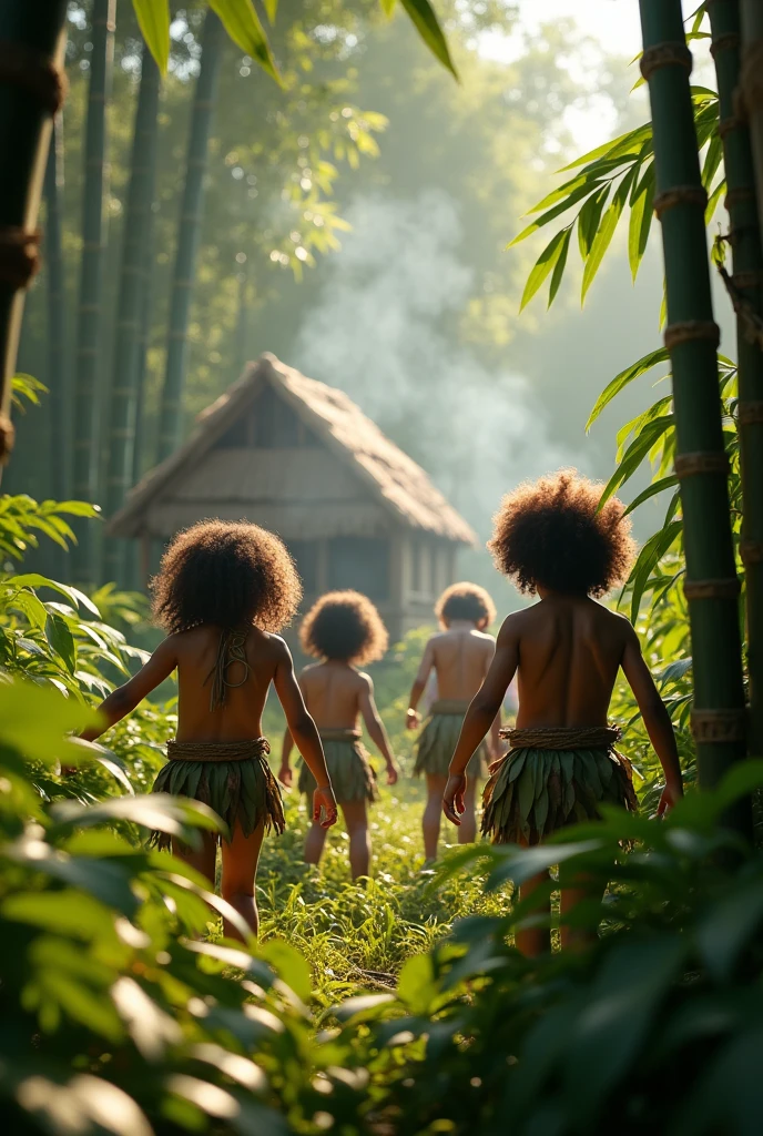 Photorealism 1.3 realistic realism high detailed high definition clear natives kids curly hairplay around hide and seek in the jungle covered wearing tree skin as a shirt with leaf dramatic cinematography cinematic view morning mode sunlight silhouette smoke effect bamboo hut leaf roof  campfire smoke only aborigines villages