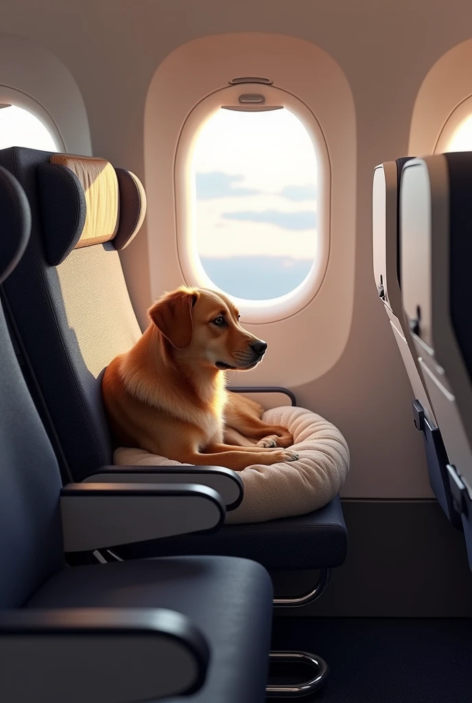 Create an image of a normal chair on an airplane with a dog bed
