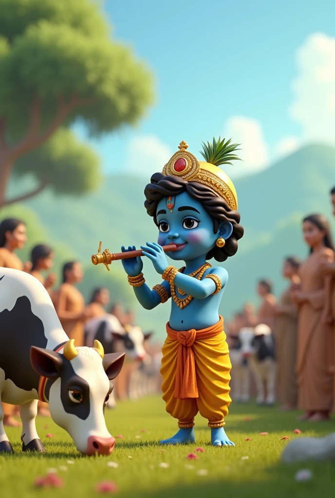 Create cinematic 3d cartoon style images "lord krishna setting around cows statue playing bansuri and give ashirwad to people "