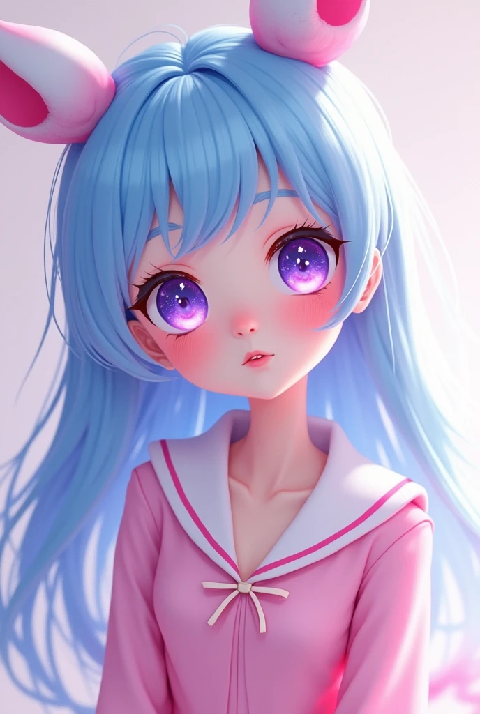  girl blue hair with pastel pink highlights, skinny body and waist, Long hair, estiló sailor moon, very pastel pink sailor moon costume, purple eyes with stars eye type Ai hoshino, head on, pose