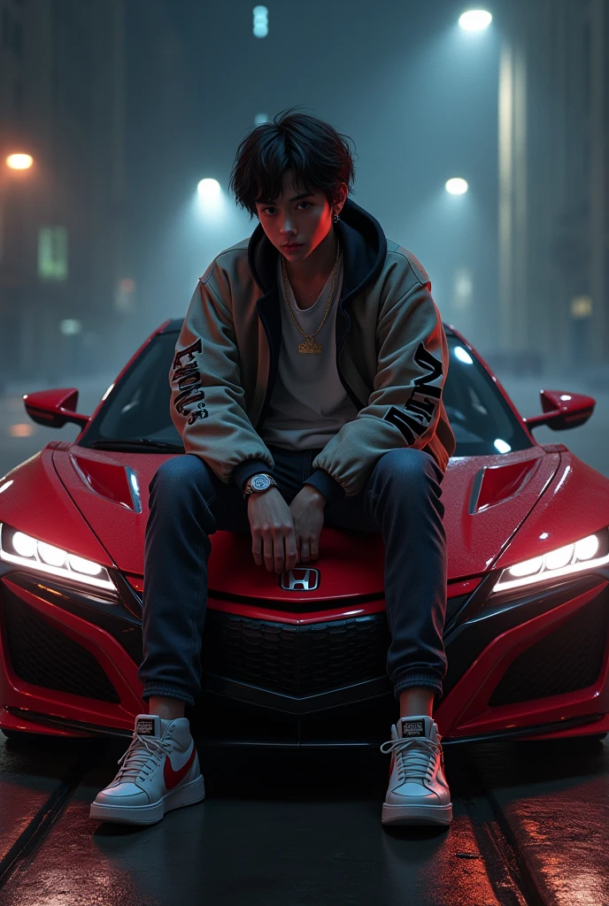 square ratio, a boy with name NICHI on jacket, sitting on a car HONDA NSX R, a boy smoking, realistic artstyle, realism artstyle, e - boy, e-boy, realistic art style, striking detailed artstyle, photorealistic artstyle, photorealistic!!!!!!! art style, [ 4 k digital art ]!!, dark but detailed digital art