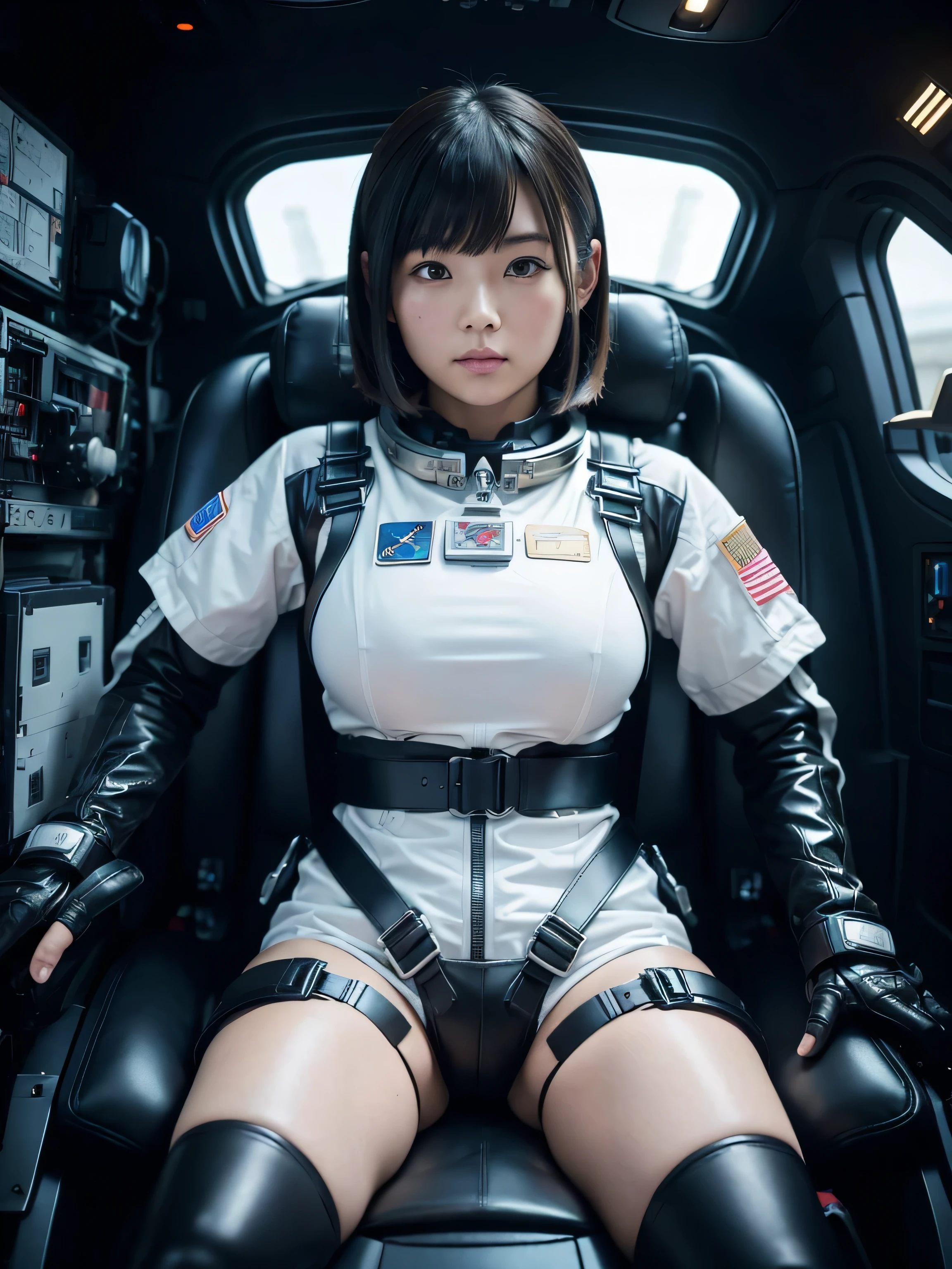 masterpiece, Highest quality, Very detailed, Japanese Android girl, Beautiful Japanese Women, Plump,Super big breasts,Control panel,Android,cyborg,Blunt bangs,sitting in the cockpit of a spaceship,astronaut,He is attached to the back of a chair by a thick black harness.,His arms and legs are strapped to the chair with thick black leather straps.,