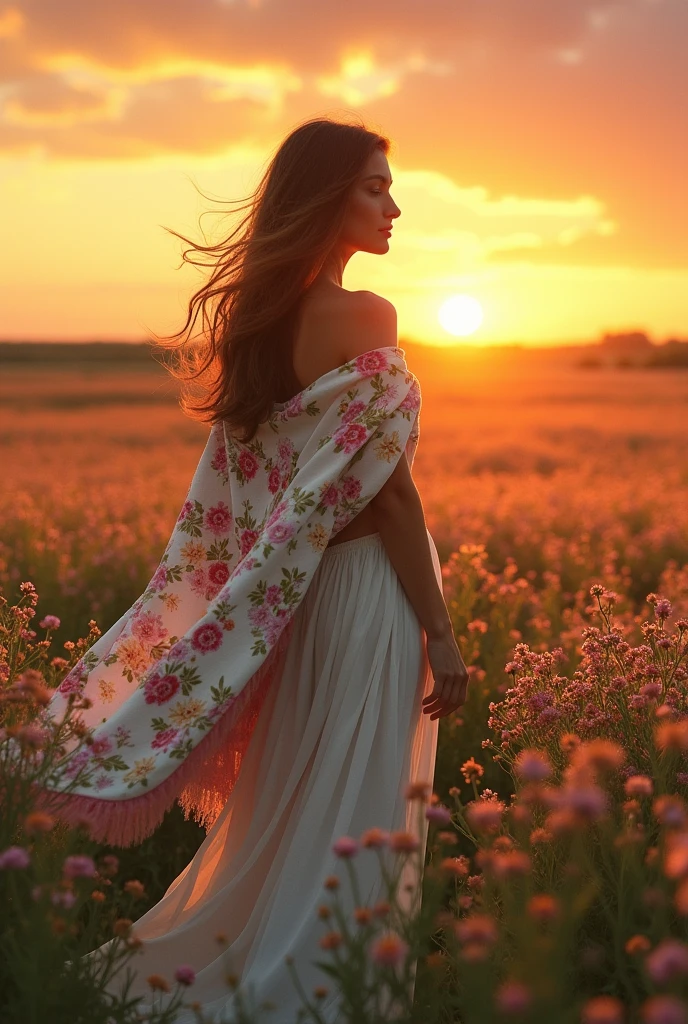 woman with Long hair, wearing long skirt, floral blanket in a field of Rainbow Baby Breath flowers, at sunset.