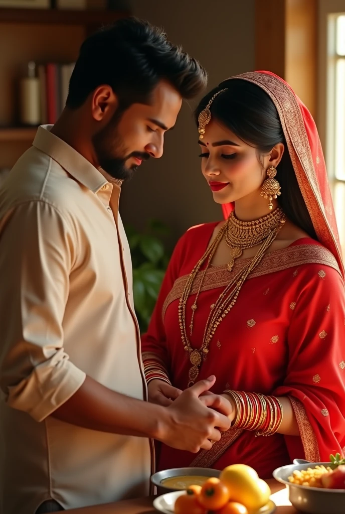 Make a 3d real image where a hindu women wearing red saree red blouse red lipistick golden jhumka in ears and golden bangales in hand gold manga sutra in neck and other orna ments sindoor on forehead she is making something in kitchen a guy who is husband of her watching them with love and romance he wants to to grab her in his arms