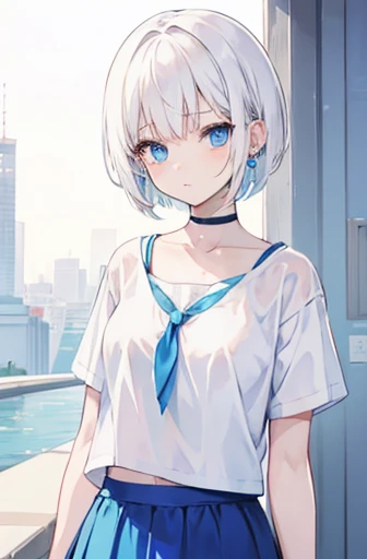 Anime, girl, teenage, short hair, white hair, plae blue eyes, cool, earrings, wearing a white top and blue skirt, cute,