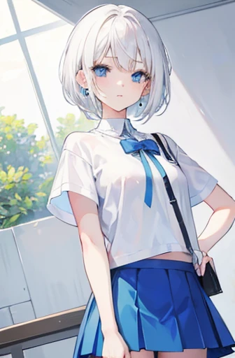 Anime, girl, teenage, short hair, white hair, plae blue eyes, cool, earrings, wearing a white top and blue skirt, cute,