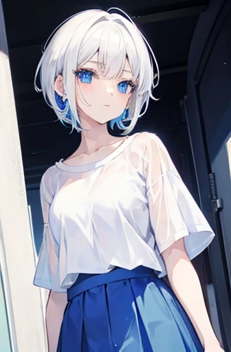 Anime, girl, age, short hair, white hair, plae blue eyes, cool, earrings, wearing a white top and blue skirt, cute,