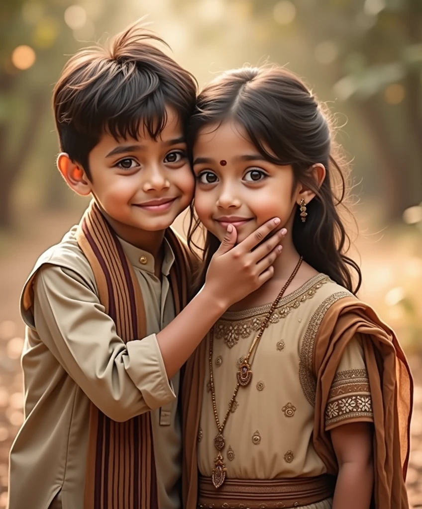 A young boy and girl, dressed in traditional Indian attire, stand close together in a warm, golden light. The boy has a gentle smile, his hand resting on the girl's cheek, while she looks at the camera with a hint of sadness. They are both wearing soft, earthy tones, creating a sense of intimacy and quiet contemplation. The background is blurred, focusing attention on the children.Imagine The image is a portrait of two young children, a boy and a girl, standing close together and smiling at the camera. The boy is on the left side of the image, wearing a beige kurta with a striped scarf around his neck. He has dark hair and is looking directly at the viewer with a slight smile on his face. The girl on the right side is wearing a traditional Indian outfit with a brown dupatta draped over her shoulders. She has long dark hair that is styled in loose waves. He is covering her face with his hand. The background is blurred, but it appears to be an outdoor setting with trees and greenery. The lighting is soft and warm, creating a peaceful and serene atmosphere.two young children are posing for a picture in a rural setting Hyperrealistic depiction of an otherworldly garden, each plant intricately detailed, softly illuminated by a distant galaxy glow. Two children, a boy and a girl, are standing close to each other. The boy is on the left, wearing a brown and white striped scarf, and a beige shirt. He is looking at the camera with a smile. The girl is on the right, wearing a beige dress with floral embroidery and a brown scarf. She is looking at the camera withImagine A indian fair cute boy and a indian fair cute girl pose closely together outdoors, beautiful hair , with warm, soft lighting creating a dreamy atmosphere. The boy, wearing a beige shirt with a striped scarf, smiles widely, while the girl, dressed in a floral-embroidered dress with a light brown shawl, gazes softly at the camera. Their expressions convey a mix of joy and tenderness, highlighting their close bon