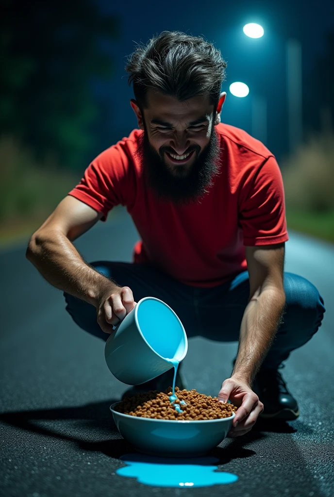 a young man with french beard in red tshirt mixes poison of blue color from bottle in a bowl full of brown color cat food in night on the road side with an evil laugh on his face