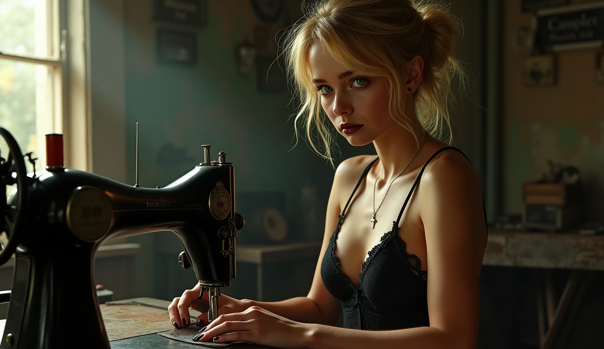 An old workshop. dim autumn light breaks through a small window, a girl sits at the machine and spins, dressed in beautiful black lace underwear and a full body apron, exposed parts of the body are visible, juicy sexy elastic buttocks are visible, slightly tanned skin, the face is serious and focused on work, three-quarter view, blond hair twisted into a ponytail, messy hair, Soft Light, dust particles are visible in the air, Cinematic lighting, bright green eyes, detailed skin, detailed face, detailed hands, detailed eyes, large thin detailed lips, black lipstick on the lips, black eye makeup, focused on work, very detailed image, Realism