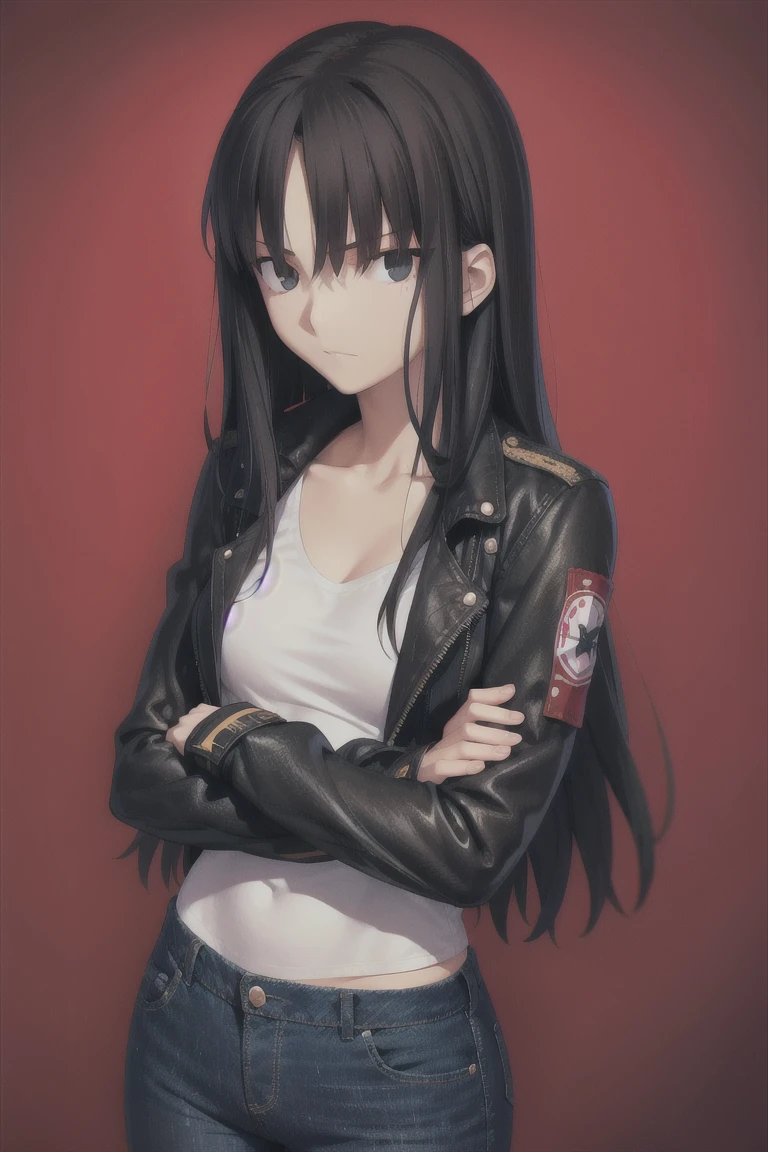 a young woman in a denim pants and black jacket stands with crossed arms, 1girl, solo, long hair, long slit eyes, black eyes, pants, jacket, denim, black hair, jeans, small breast, skinny, Cool Beauty,