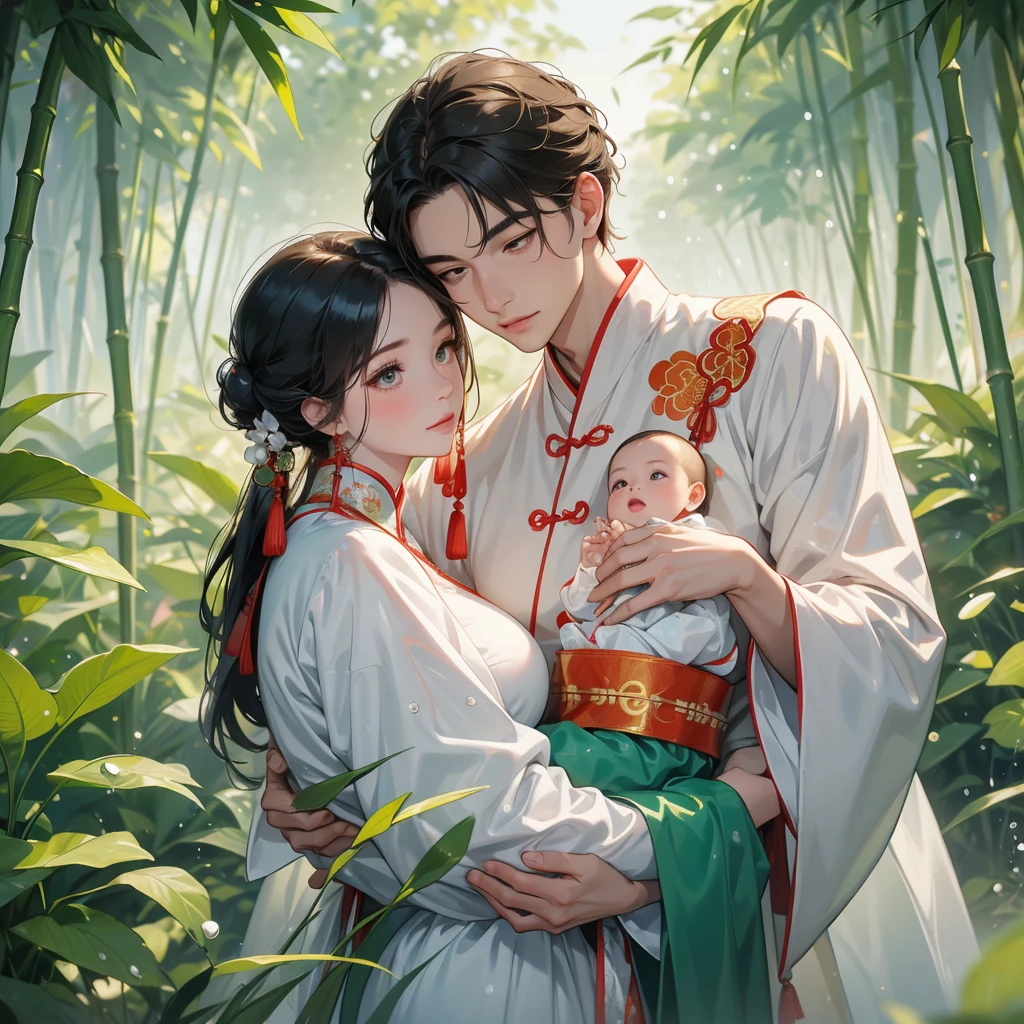 A one-year-old baby boy in an ancient Chinese baby costume with his beautiful mother, dressed in an white ancient Chinese costume, playing with each other, with his handsome father standing next to his mother, close up.
The back is a lush green bamboo forest. The air after rain has water droplets splashing around.