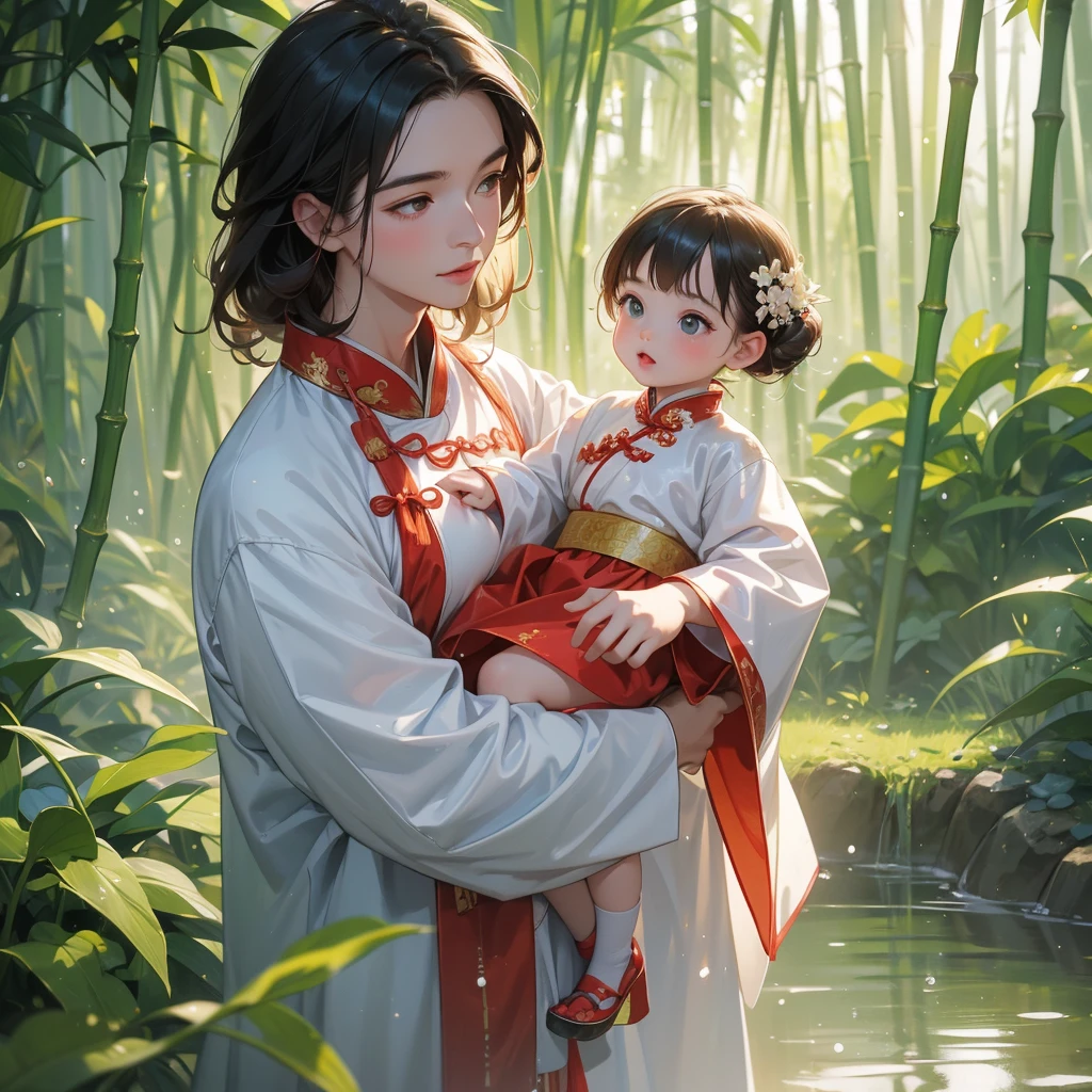 A one-year-old baby boy in an ancient Chinese baby costume with his beautiful mother, dressed in an white ancient Chinese costume, playing with each other, with his handsome father standing next to his mother, close up.

The back is a lush green bamboo forest. The air after rain has water droplets splashing around.