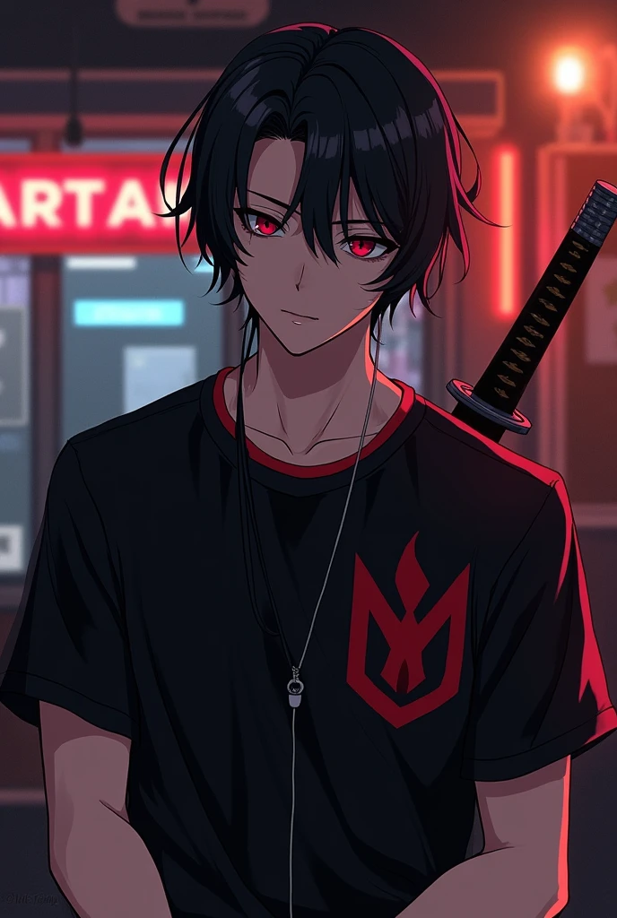 A disappointed male character with red eyes, black hair combed into two parts, a black t-shirt with red details, and a katana is listening to music using airpods in front of the bar