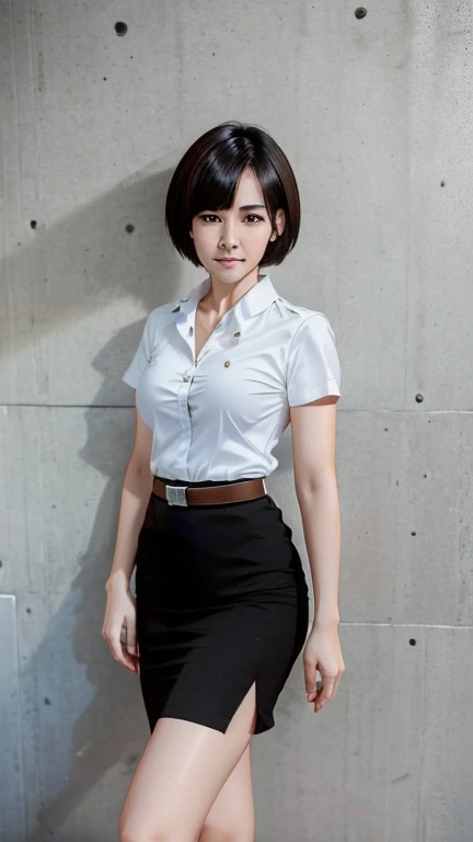 Pretty thai woman short hair  , (8k, best quality, masterpiece, ultra highres:1.2) Photo of Pretty thai woman beautiful, beautiful enchanting fashion contemporary painting with , (1girl), (white shirt short sleeves), ((black pencil skirt)), belt , realistic skin texture , round chin, 85 mm art lens, f 1. 2, sharp focus, 8 k high definition, insanely detailed, intricate, elegant , mid breasts , black skirt 