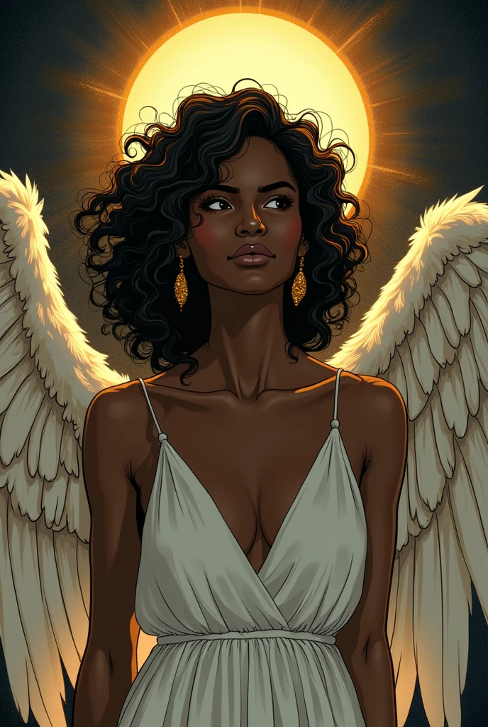 A black-skinned angel, in 2D drawing style, curled hair, golden earrings, halo over the head and wings made of bones