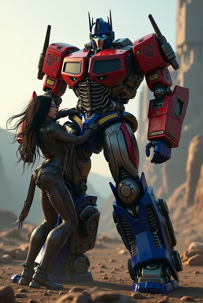 Optimus Prime, Mion Sonozaki, arm hugging, mechanical arm gun, cyborg, villain, highly detailed, 8k, photorealistic, cinematic lighting, dramatic pose, epic scale, intricate machinery, dynamic composition, color harmony