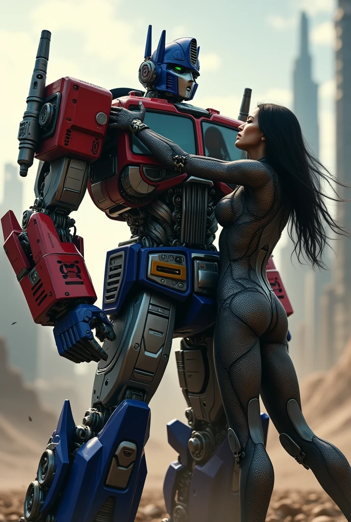 Optimus Prime, Mion Sonozaki, arm hugging, mechanical arm gun, cyborg, villain, highly detailed, 8k, photorealistic, cinematic lighting, dramatic pose, epic scale, intricate machinery, dynamic composition, color harmony